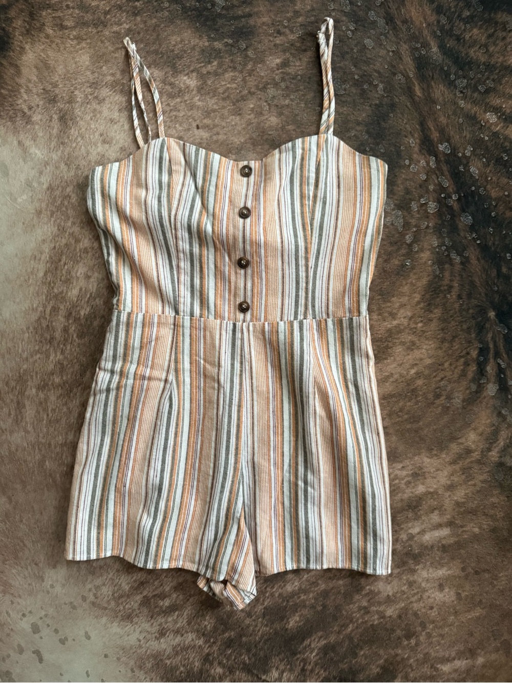 Altar'd State Striped Button-Front Romper in Cream, Tan & Blue